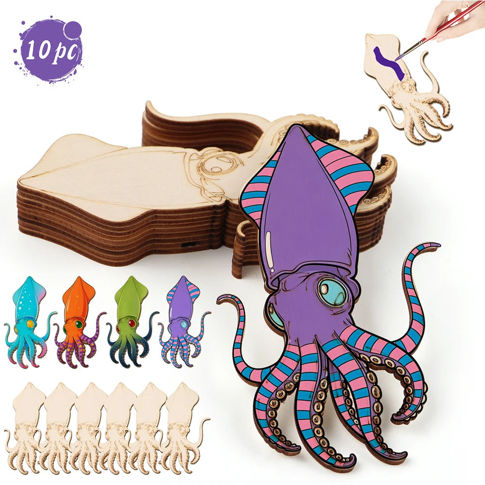 Woodworking Art - 10pcs/set Unfinished Wood Craft Octopus Animal